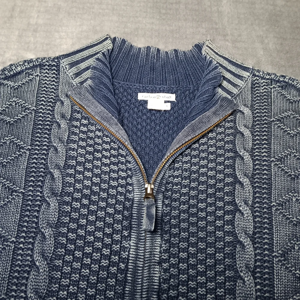 Carbon 2 Cobalt Mens Large Linen Blend Full Zip Cable Knit Sweater, Heavy Knit